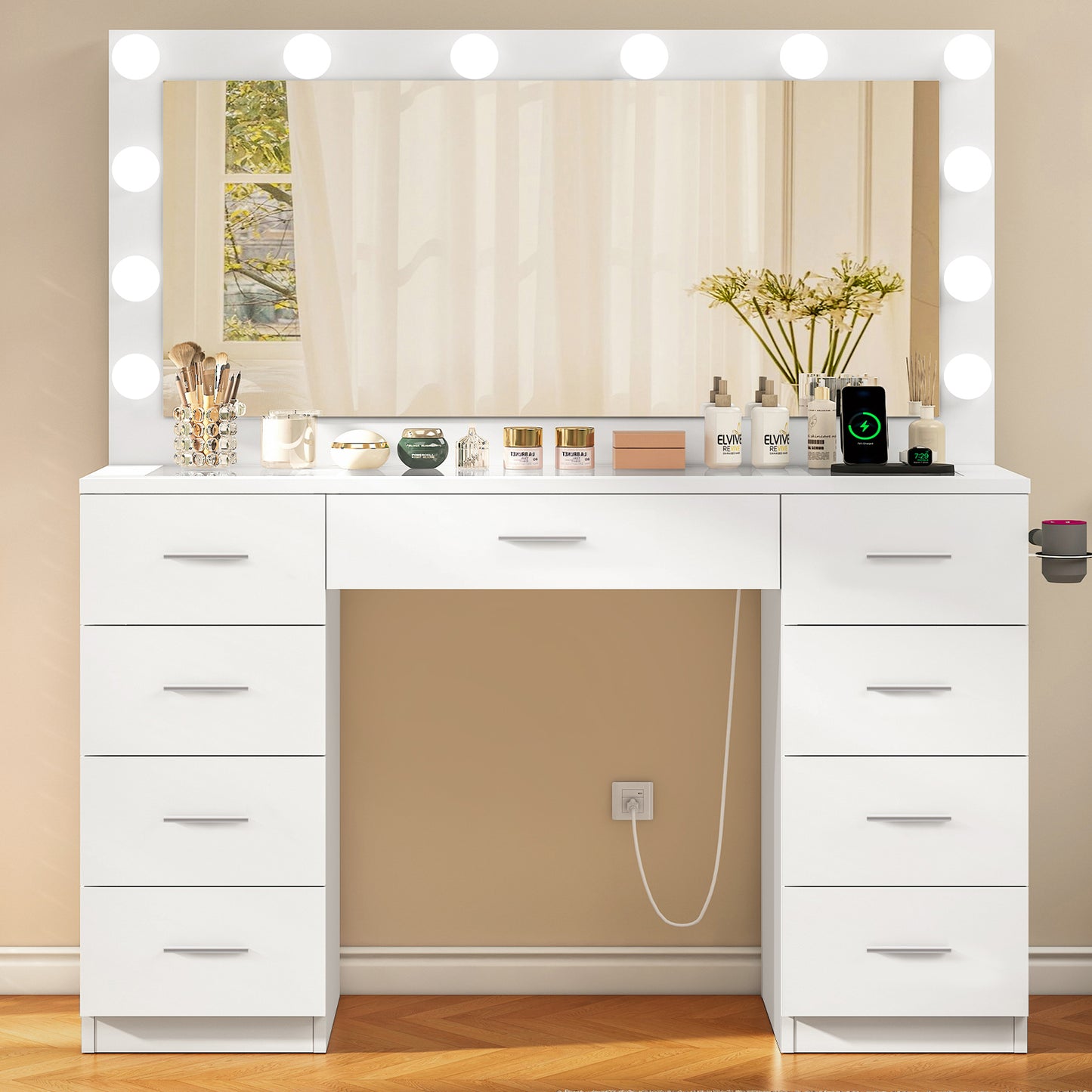 Quimoo Vanity Desk with Large Lighted Mirror and Power Outlet, 46" Makeup Vanity with 9 Drawers and Glass Desktop, Vanity Table with 12 LED Lights, 3 Lighting Color Adjustable