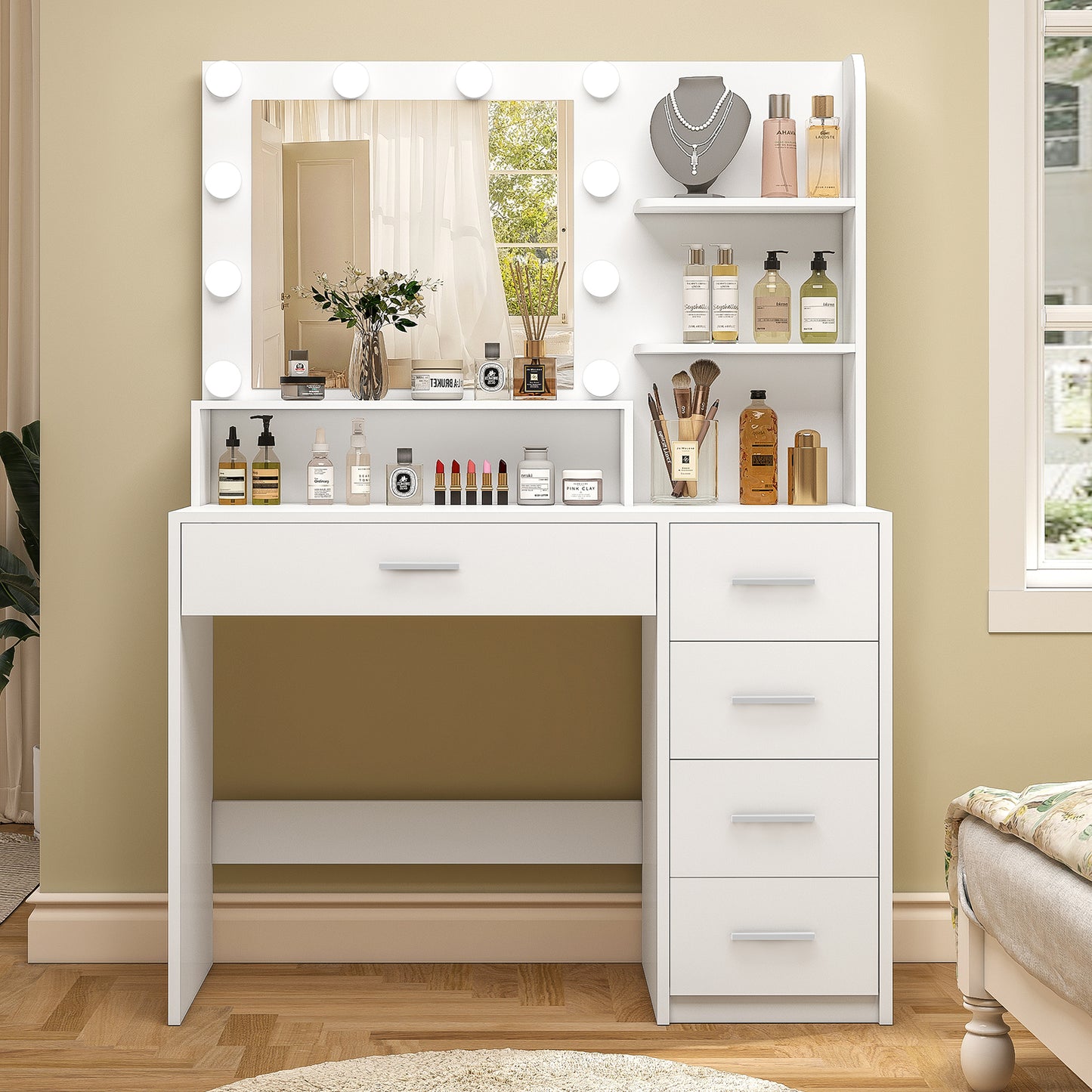 Quimoo Makeup Vanity Desk with Mirror & Lights, Vanity Desk with 5 Drawers & Storage Shelves, Vanity Table, 3 Color Modes & Adjustable Brightness Dressing Table, Bedroom, White