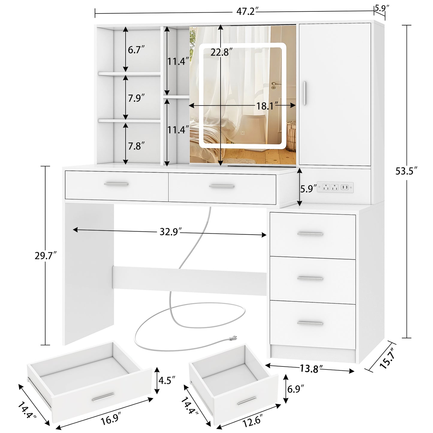Quimoo 47" Vanity Desk with Sliding Lighted Mirror and Power Outlet, Makeup Vanity Desk with 5 Drawers and Cabinet, Hidden and Open Shelves, Vanity Table Set with 3 Color Lighting (White)