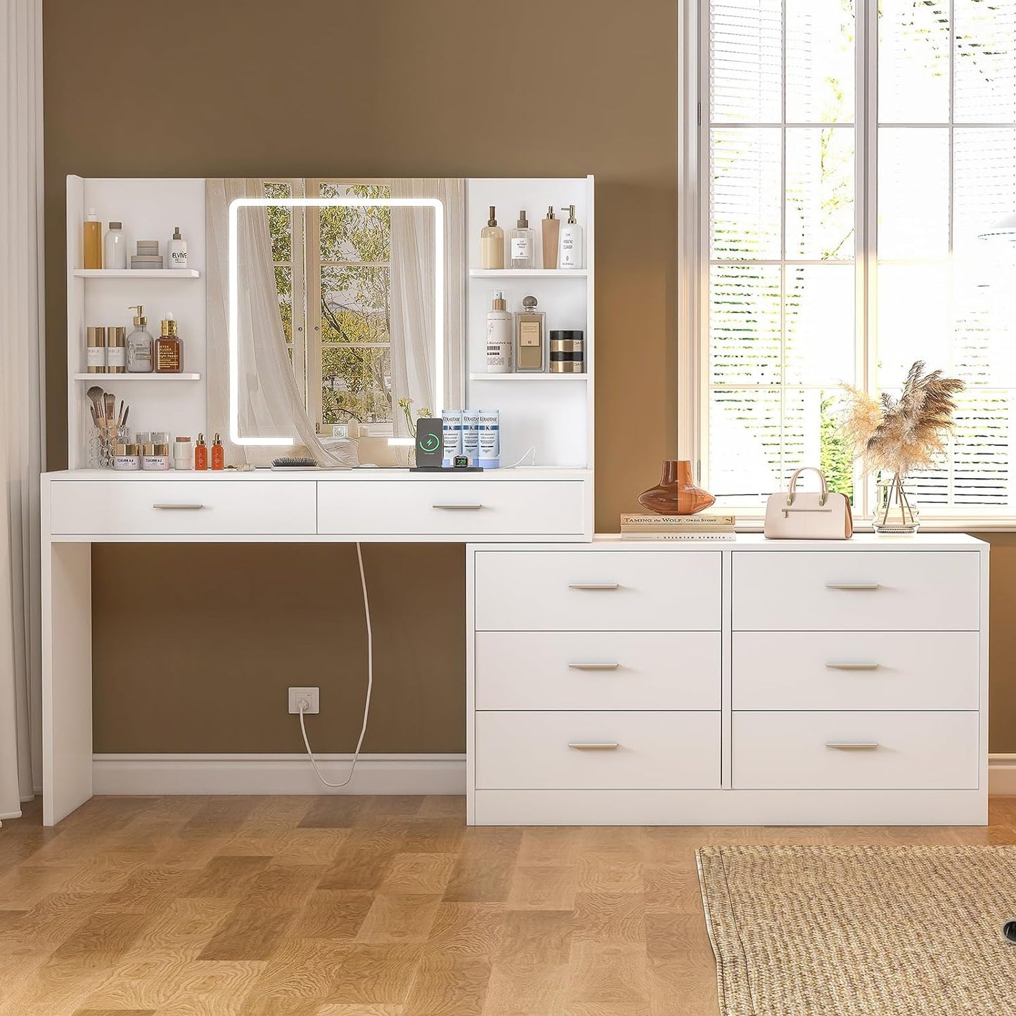 65.9'' Vanity Desk with LED Lighted Mirror & Power Outlet, Modern Corner Makeup Vanity Table with 8 Drawers & Open Shelves, Dressing Table for Bedroom, Makeup Room