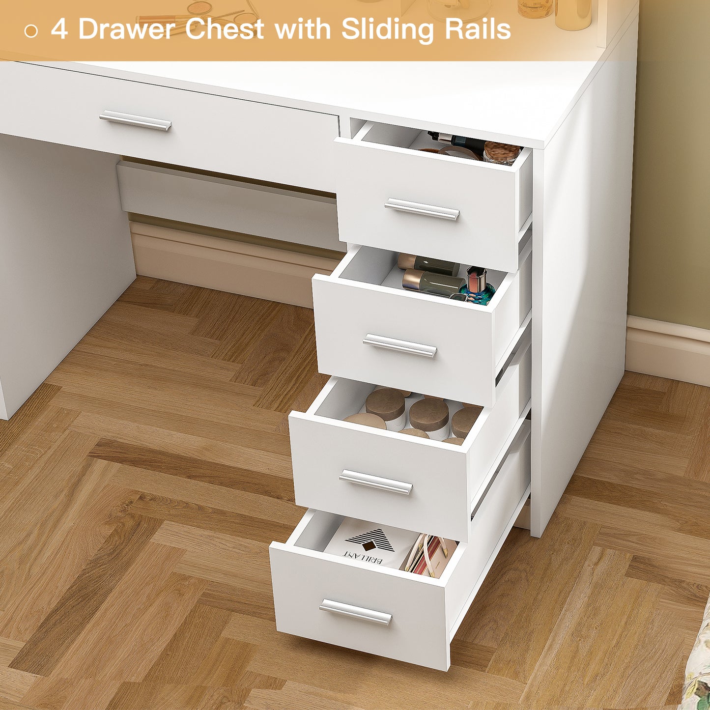Quimoo Makeup Vanity Desk with Mirror & Lights, Vanity Desk with 5 Drawers & Storage Shelves, Vanity Table, 3 Color Modes & Adjustable Brightness Dressing Table, Bedroom, White