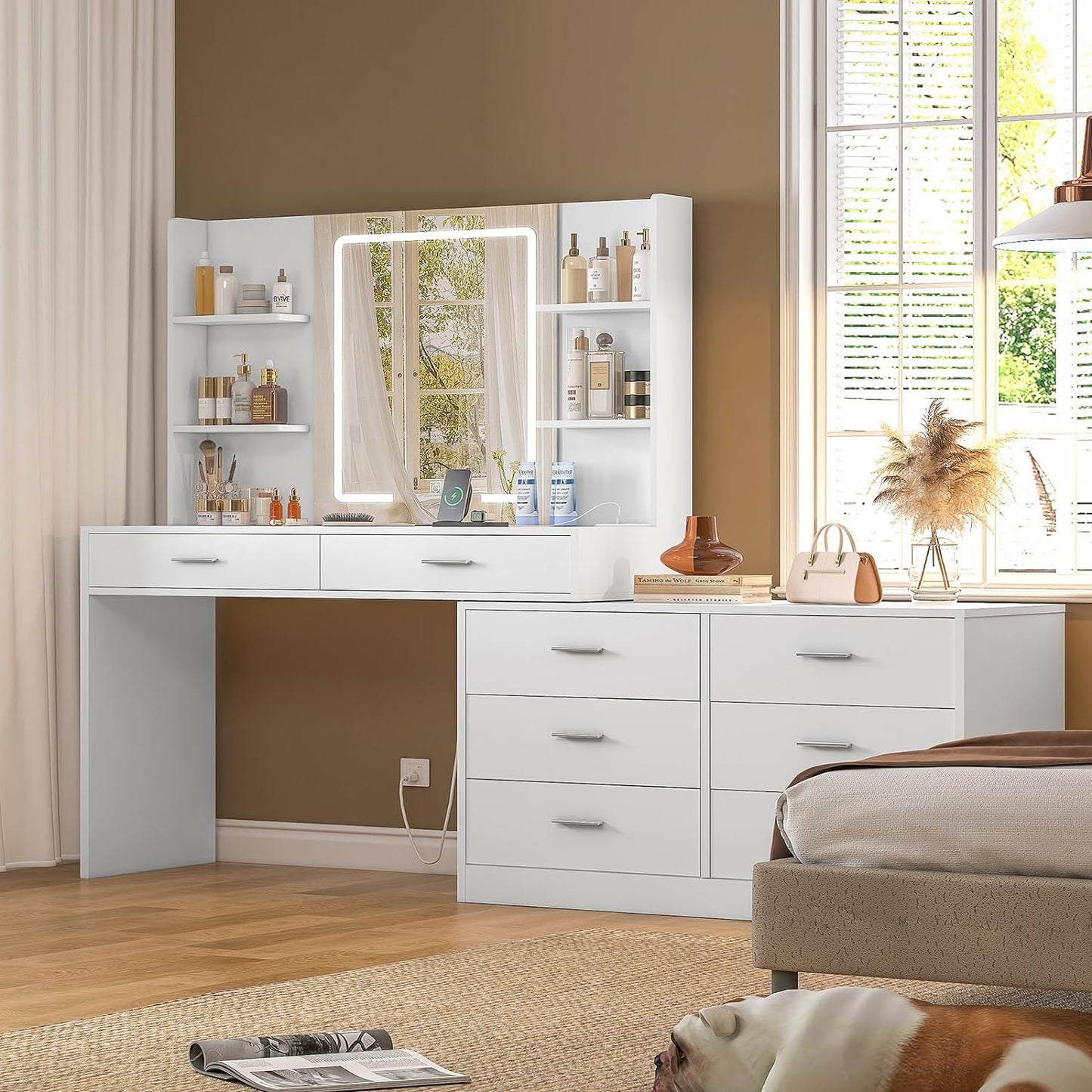 65.9'' Vanity Desk with LED Lighted Mirror & Power Outlet, Modern Corner Makeup Vanity Table with 8 Drawers & Open Shelves, Dressing Table for Bedroom, Makeup Room
