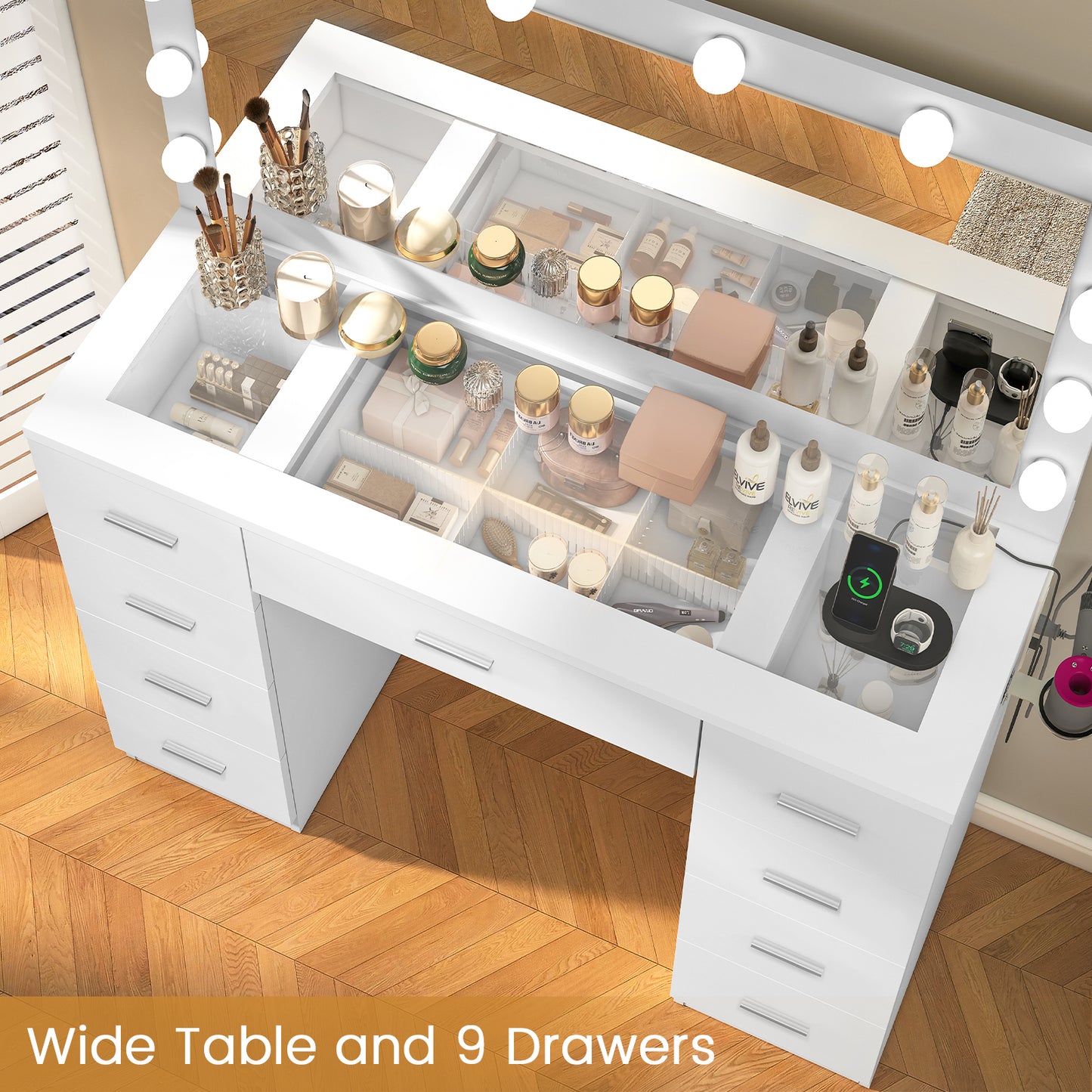 Quimoo Vanity Desk with Large Lighted Mirror and Power Outlet, 46" Makeup Vanity with 9 Drawers and Glass Desktop, Vanity Table with 12 LED Lights, 3 Lighting Color Adjustable
