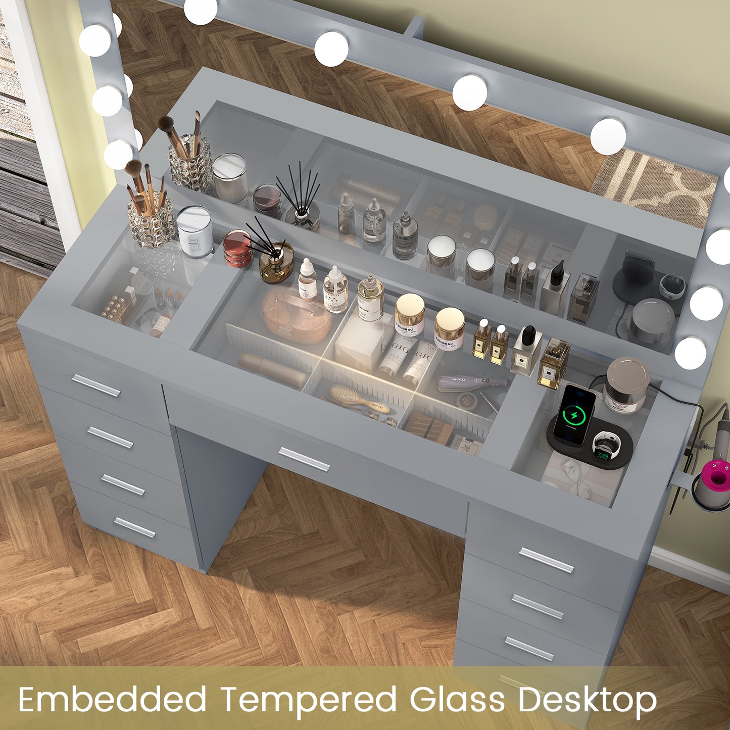 Quimoo Vanity Desk with Large Lighted Mirror and Power Outlet, 46" Makeup Vanity with 9 Drawers and Glass Desktop, Vanity Table with 12 LED Lights, 3 Lighting Color Adjustable (Grey)