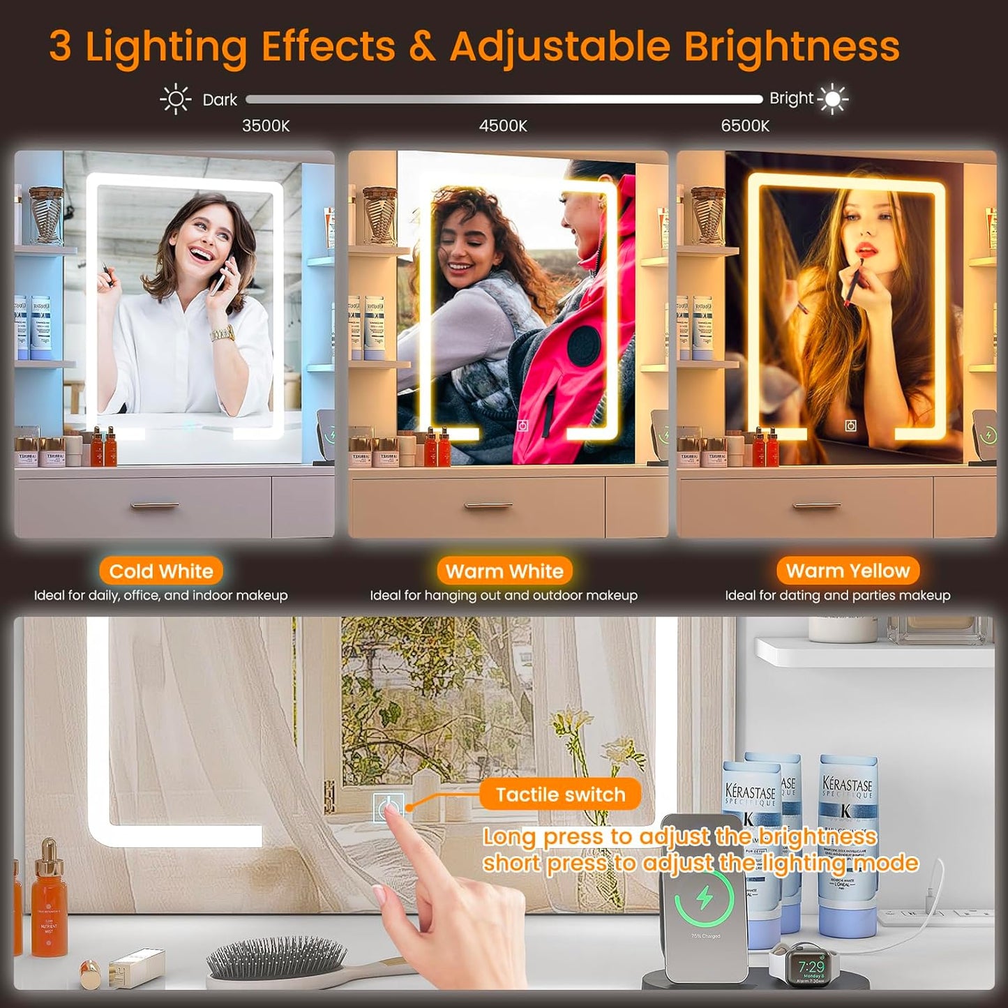 65.9'' Vanity Desk with LED Lighted Mirror & Power Outlet, Modern Corner Makeup Vanity Table with 8 Drawers & Open Shelves, Dressing Table for Bedroom, Makeup Room