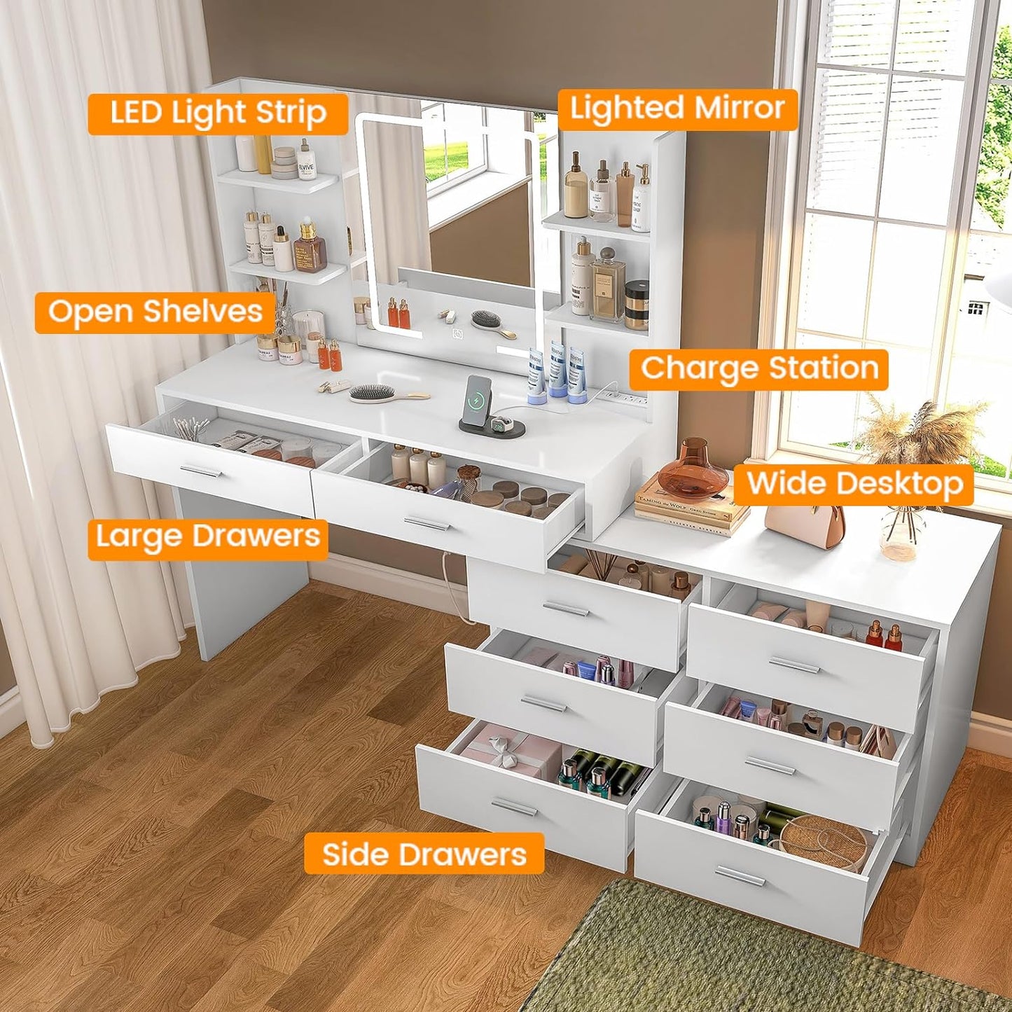 65.9'' Vanity Desk with LED Lighted Mirror & Power Outlet, Modern Corner Makeup Vanity Table with 8 Drawers & Open Shelves, Dressing Table for Bedroom, Makeup Room
