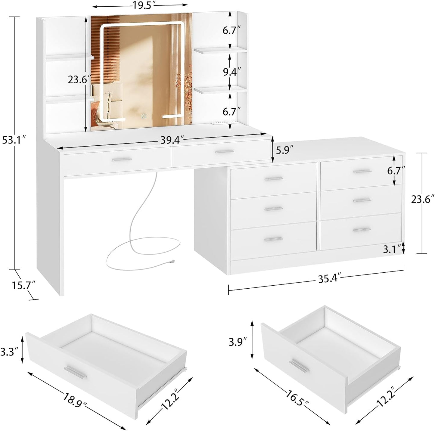 65.9'' Vanity Desk with LED Lighted Mirror & Power Outlet, Modern Corner Makeup Vanity Table with 8 Drawers & Open Shelves, Dressing Table for Bedroom, Makeup Room