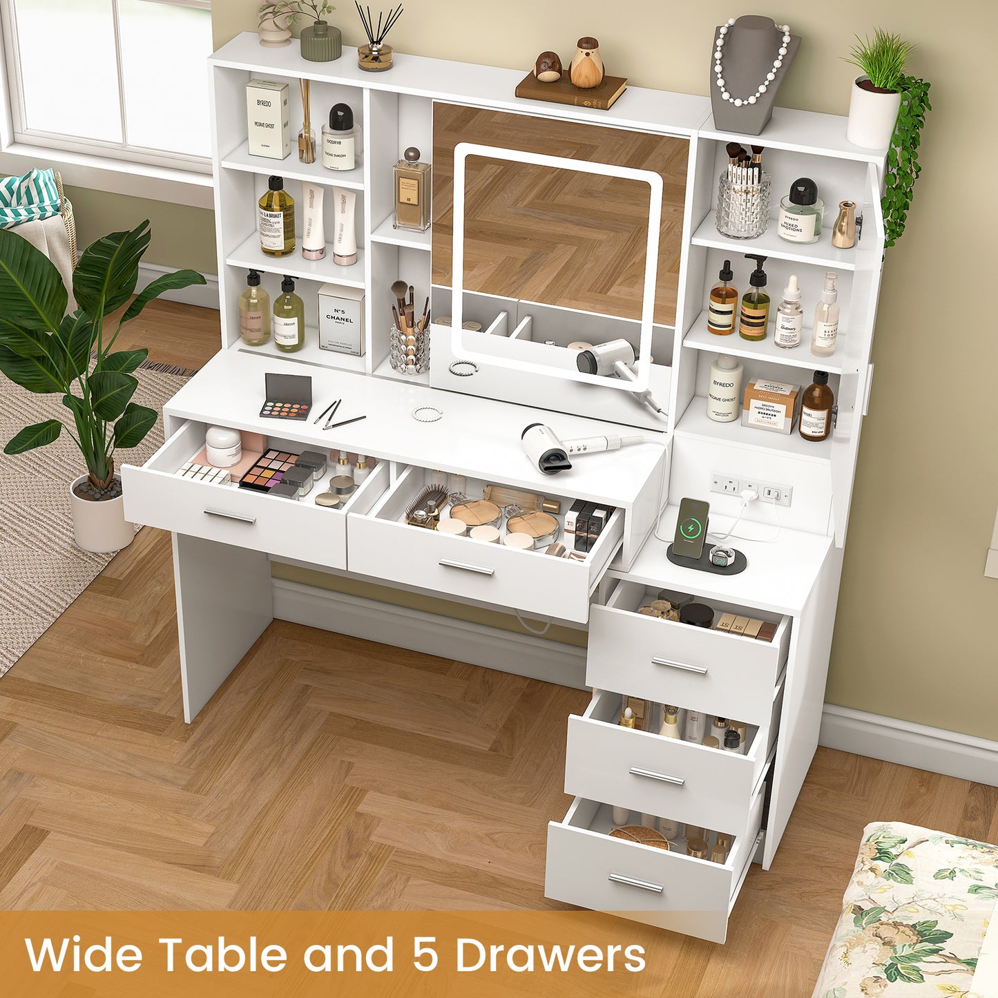 Quimoo 47" Vanity Desk with Sliding Lighted Mirror and Power Outlet, Makeup Vanity Desk with 5 Drawers and Cabinet, Hidden and Open Shelves, Vanity Table Set with 3 Color Lighting (White)