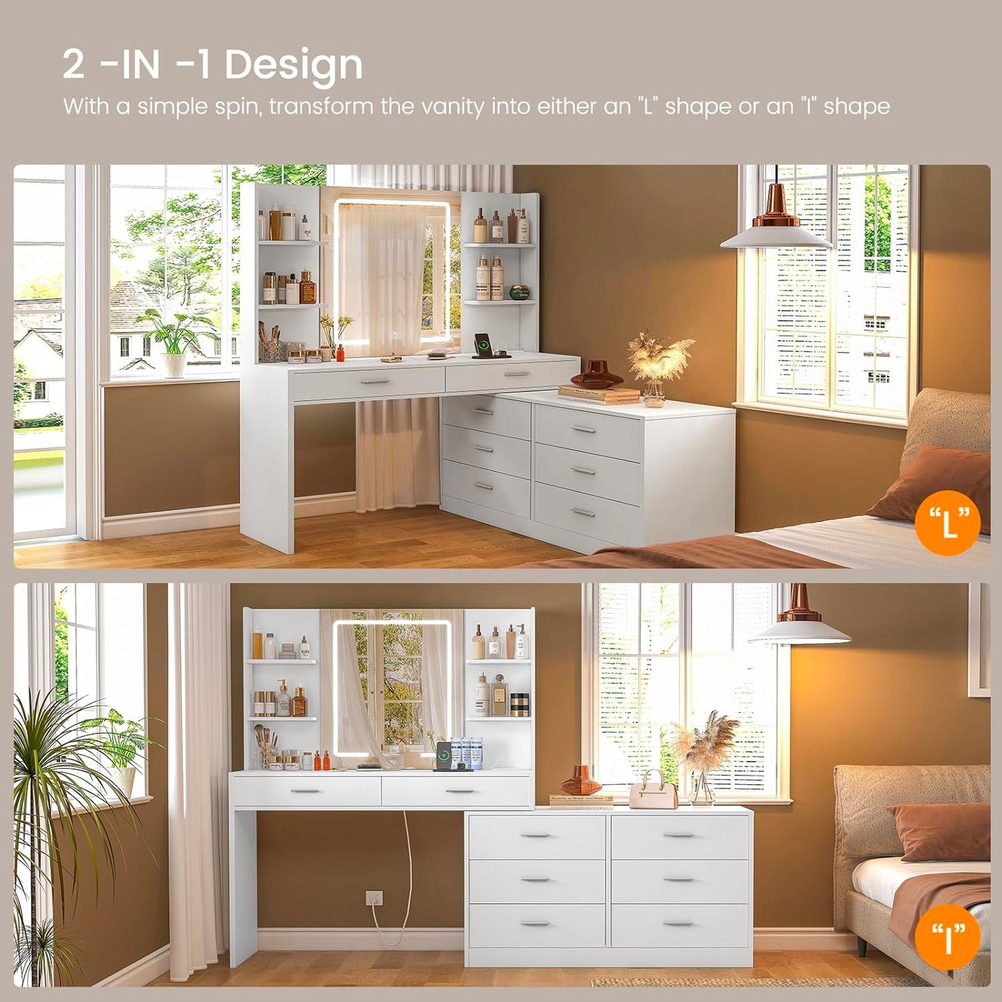 65.9'' Vanity Desk with LED Lighted Mirror & Power Outlet, Modern Corner Makeup Vanity Table with 8 Drawers & Open Shelves, Dressing Table for Bedroom, Makeup Room
