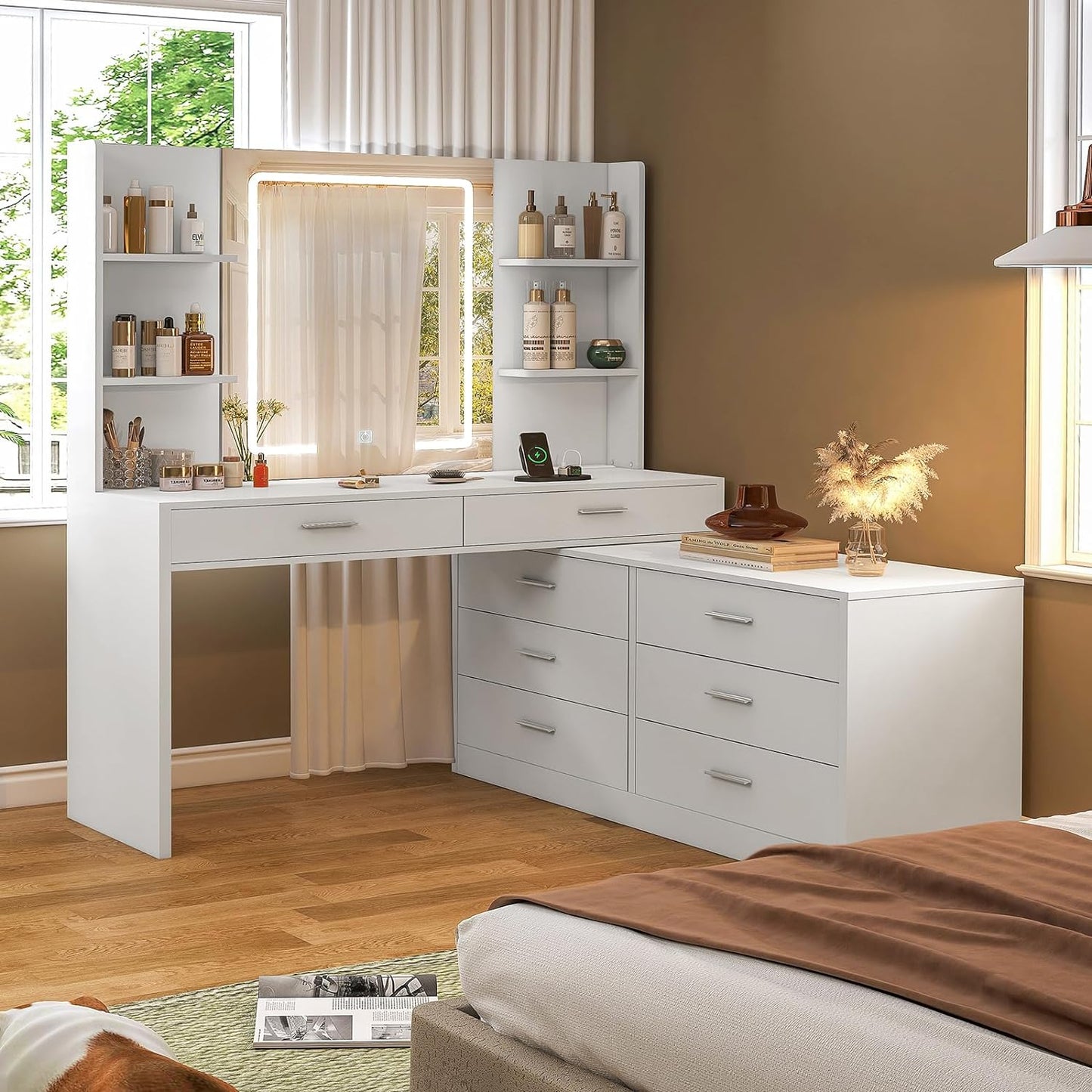 65.9'' Vanity Desk with LED Lighted Mirror & Power Outlet, Modern Corner Makeup Vanity Table with 8 Drawers & Open Shelves, Dressing Table for Bedroom, Makeup Room