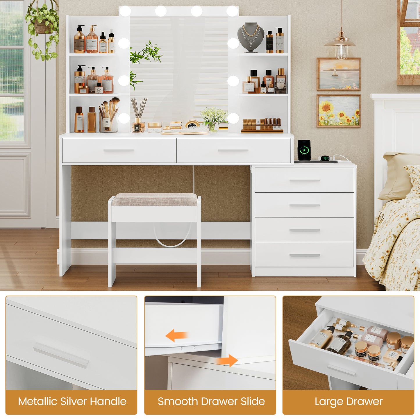 Quimoo 48" Large Vanity Desk with Mirror & Lights, Makeup Vanity Table with 6 Drawers & Power Outlet, 4 Open Storage Shelves, Vanity Desk Set with Stool, for Women Girls, Whit