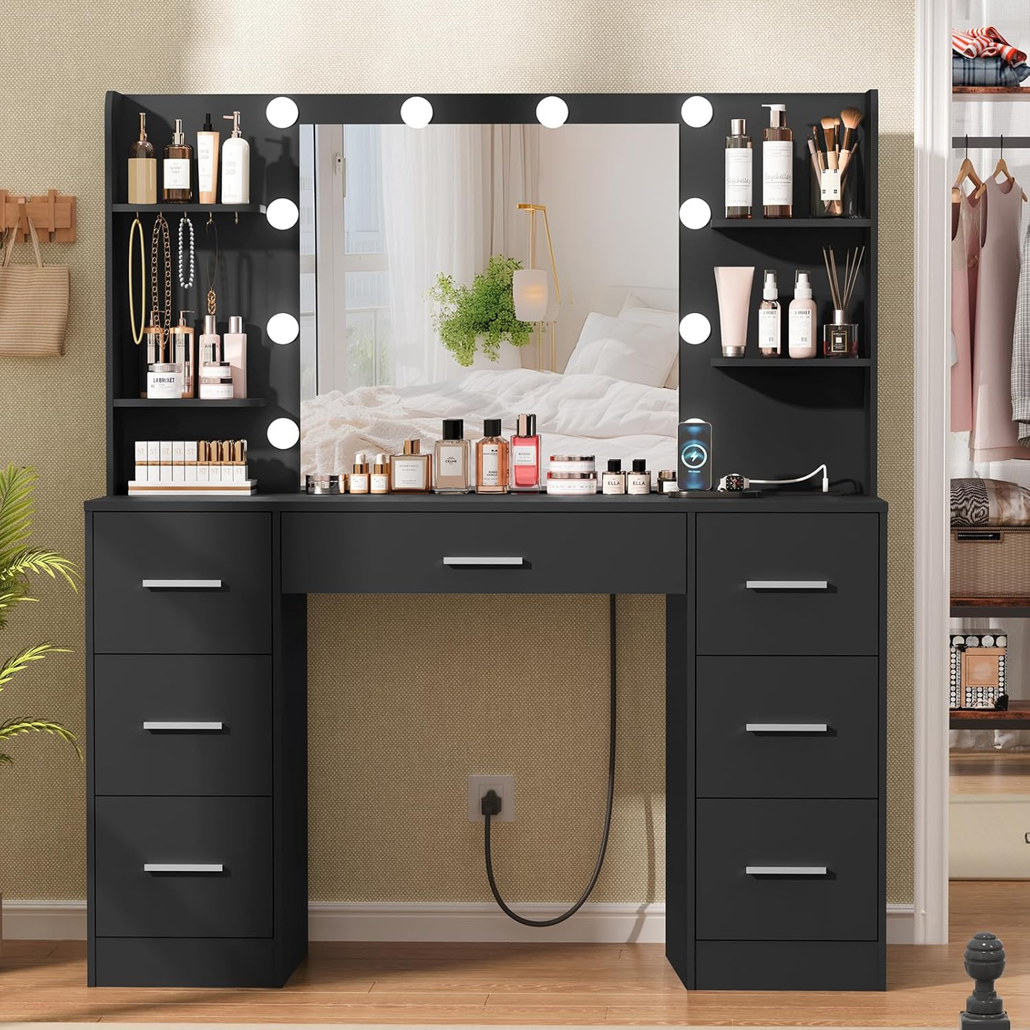 Quimoo Large Vanity Desk with LED Lighted Mirror & Power Outlet,Makeup Vanity Table with 7 Drawers,4 Shelves and 5 Hooks,Vanity Table, Vanity Desk Set for Bedroom,Bathroom,White