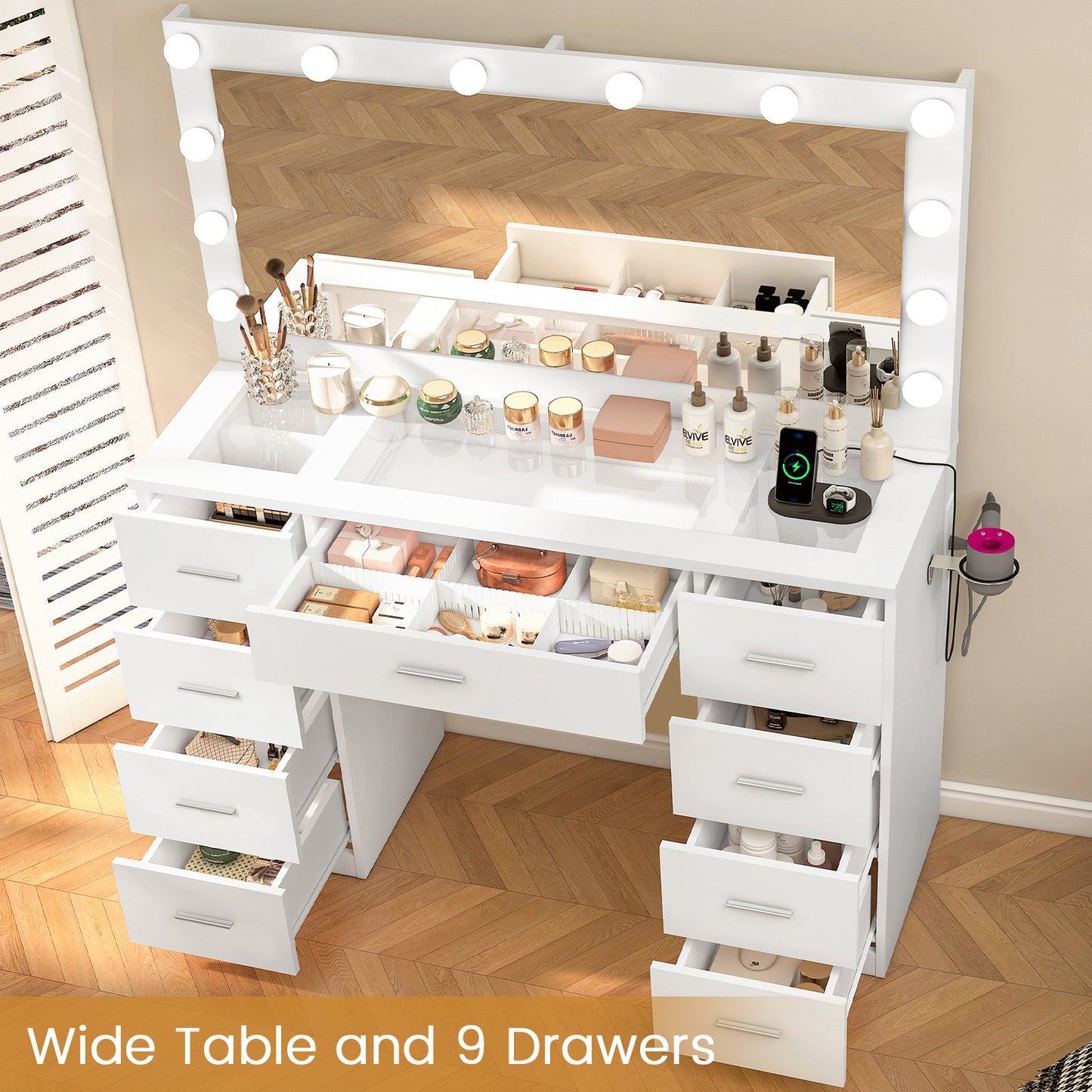 Quimoo Vanity Desk with Large Lighted Mirror and Power Outlet, 46" Makeup Vanity with 9 Drawers and Glass Desktop, Vanity Table with 12 LED Lights, 3 Lighting Color Adjustable