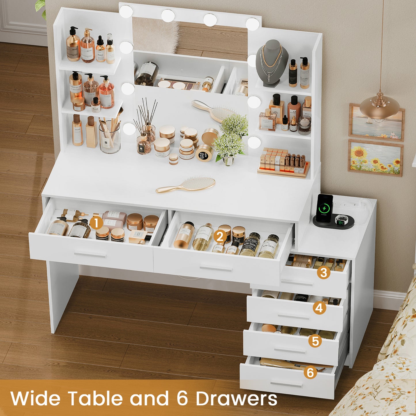 Quimoo 48" Large Vanity Desk with Mirror & Lights, Makeup Vanity Table with 6 Drawers & Power Outlet, 4 Open Storage Shelves, Vanity Desk Set with Stool, for Women Girls, Whit