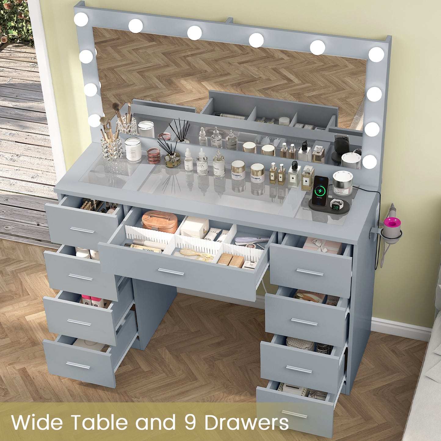 Quimoo Vanity Desk with Large Lighted Mirror and Power Outlet, 46" Makeup Vanity with 9 Drawers and Glass Desktop, Vanity Table with 12 LED Lights, 3 Lighting Color Adjustable (Grey)