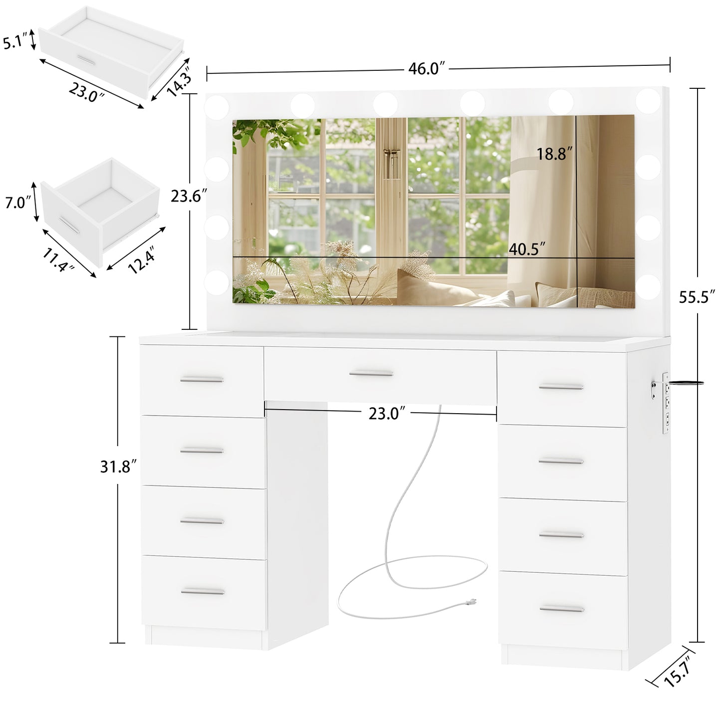 Quimoo Vanity Desk with Large Lighted Mirror and Power Outlet, 46" Makeup Vanity with 9 Drawers and Glass Desktop, Vanity Table with 12 LED Lights, 3 Lighting Color Adjustable
