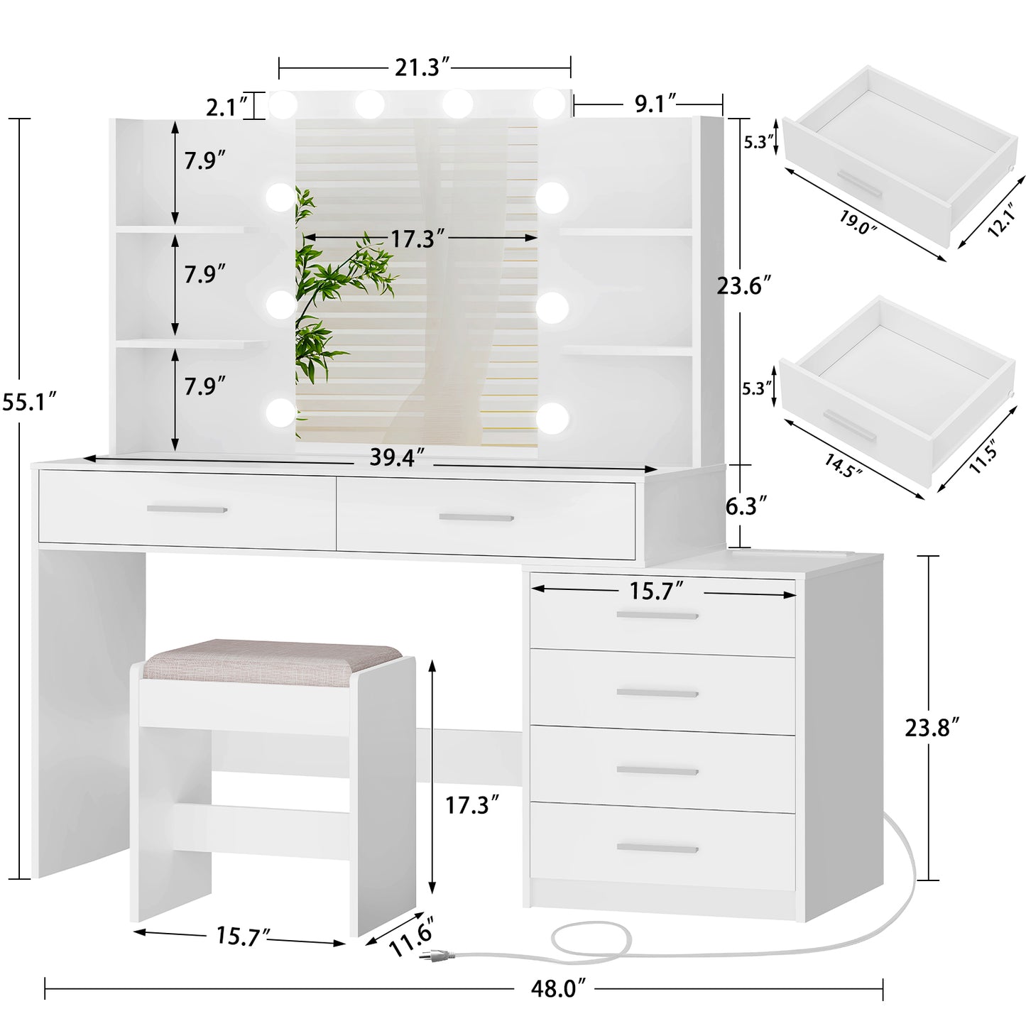 Quimoo 48" Large Vanity Desk with Mirror & Lights, Makeup Vanity Table with 6 Drawers & Power Outlet, 4 Open Storage Shelves, Vanity Desk Set with Stool, for Women Girls, Whit