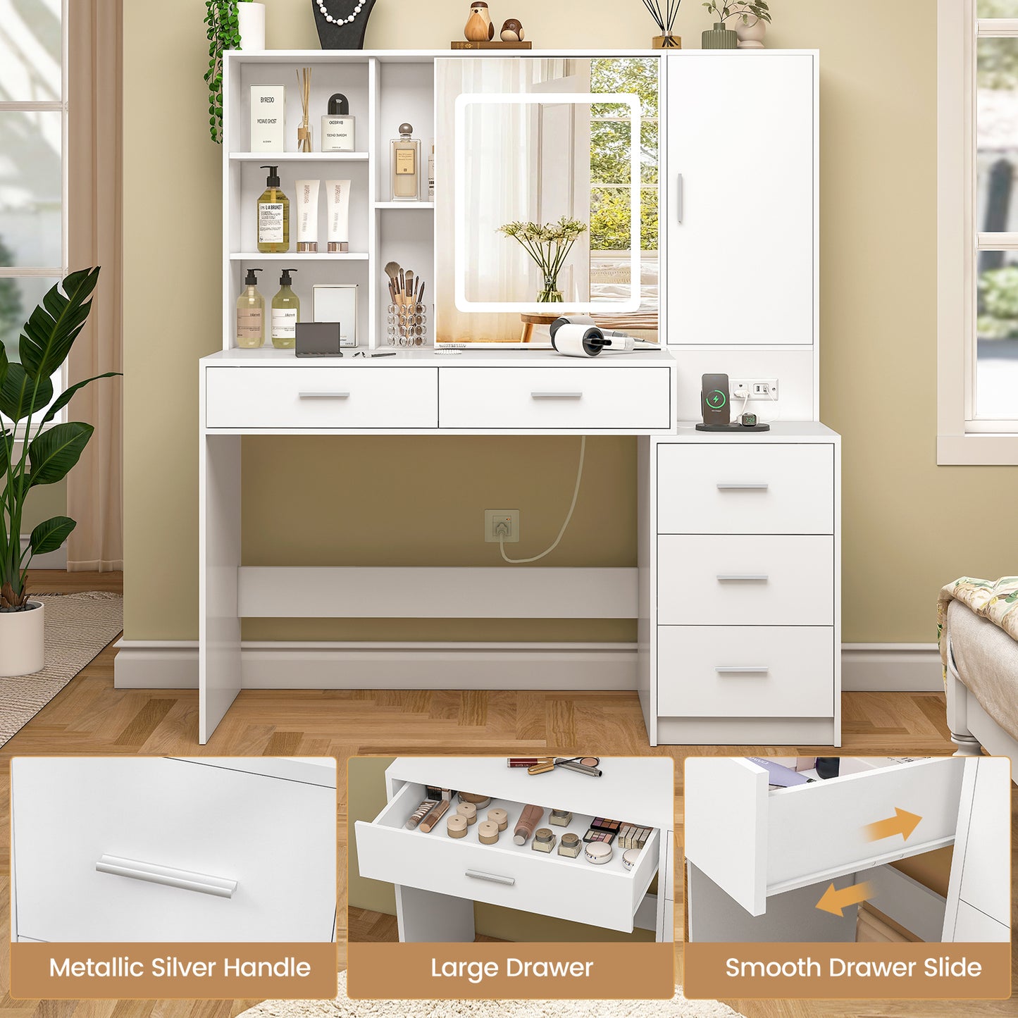 Quimoo 47" Vanity Desk with Sliding Lighted Mirror and Power Outlet, Makeup Vanity Desk with 5 Drawers and Cabinet, Hidden and Open Shelves, Vanity Table Set with 3 Color Lighting (White)