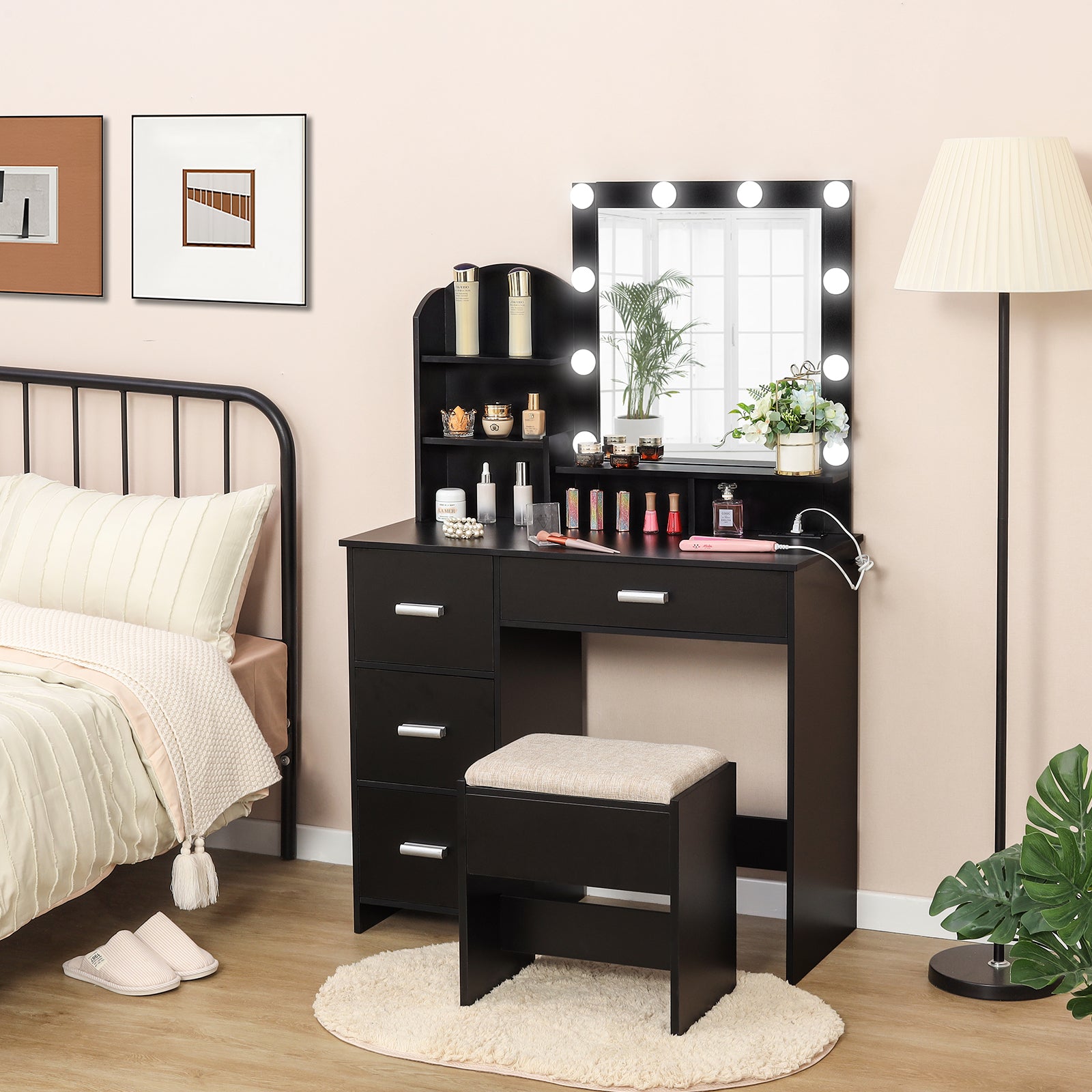 Quimoo Vanity Desk with Mirror and 10 LED Lights, Makeup Vanity with C – My Store Quimoo Vanity Desk with Mirror and 10 LED Lights, Makeup Vanity with C – My Store