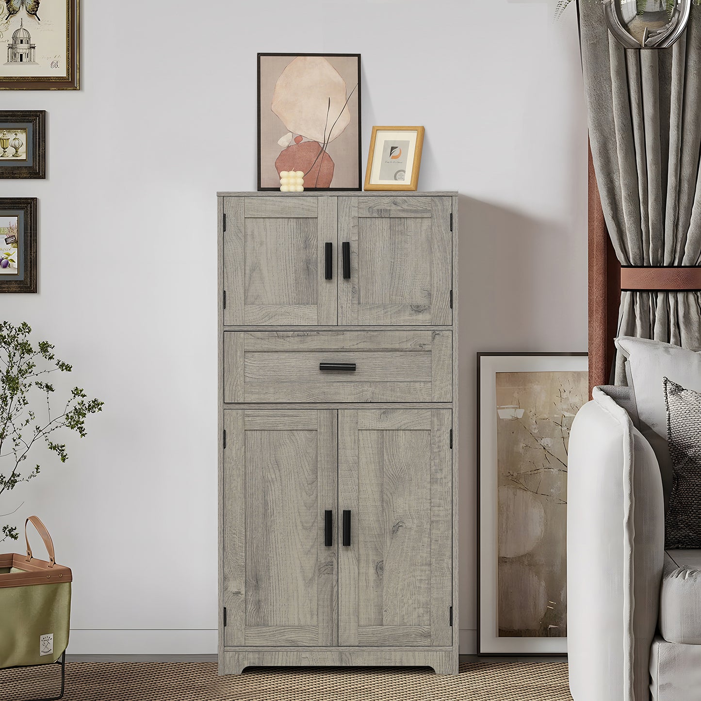 Quimoo Tall Bathroom Cabinet, Bathroom Storage Cabinet with Large Drawer & Adjustable Shelf, Bathroom Storage Cabinet with 4 Doors for Living Room, Bedroom, Home Office, Grey