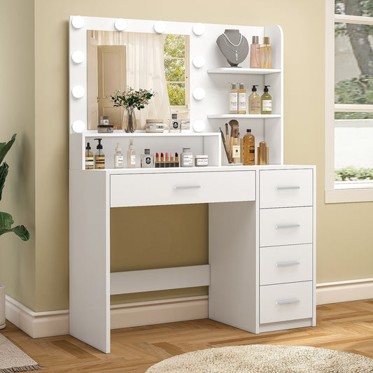 Quimoo Makeup Vanity Desk with Mirror & Lights, Vanity Desk with 5 Drawers & Storage Shelves, Vanity Table, 3 Color Modes & Adjustable Brightness Dressing Table, Bedroom, White