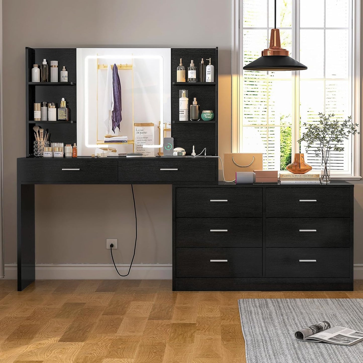 Quimoo 65.9" Vanity Desk with LED Lighted Mirror & Power Outlet, Modern Corner Makeup Vanity Table with 8 Drawers & Open Shelves, Dressing Table for Bedroom, Makeup Room