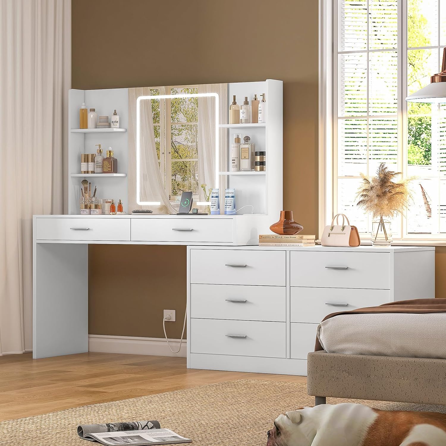 modern vanity dresser Bline Retractable Marble Top Makeup Vanity Table Cabinet Combo with Storage Corner Dresser VanityHomary