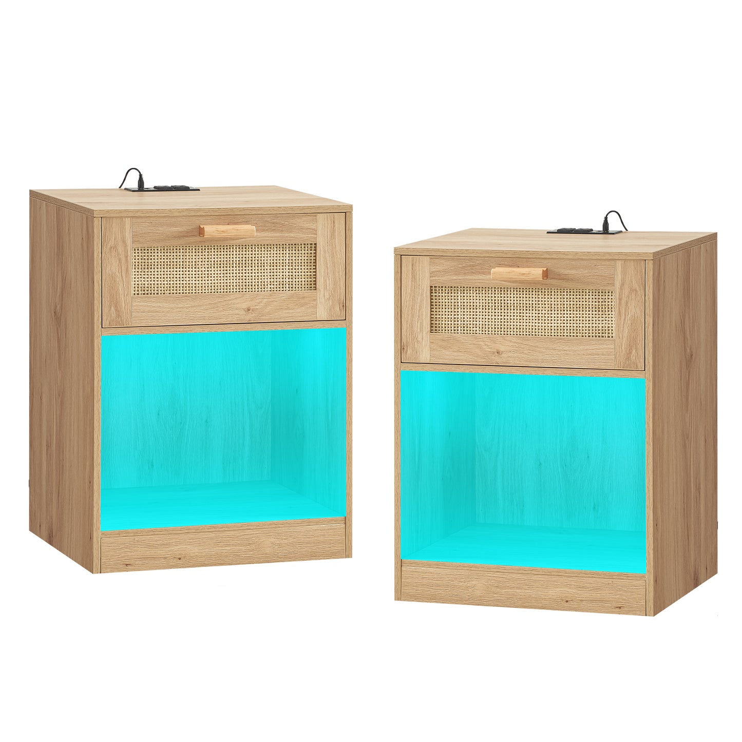 Quimoo Rattan Nightstands Set of 2 with LED Light & Charging Station, End Table, Side Table with Rattan Decor Drawer, Night Stand with Open Storage Space for Bedroom, Living Room, Natural…