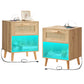 Quimoo Rattan Nightstands Set of 2, Night Stands with Charging Station & LED Light, Bed Side Table with PE Rattan Decor Drawer for Bedroom, Living Room, Natural…