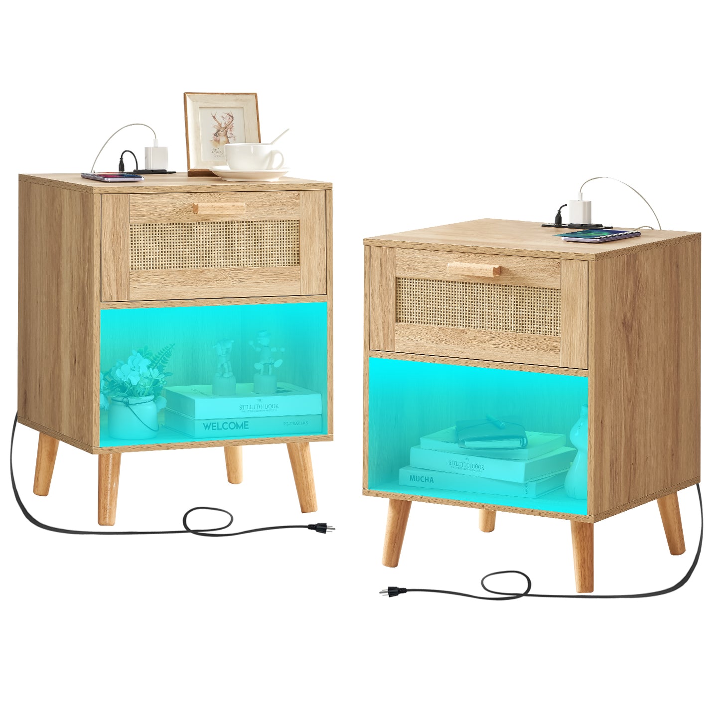 Quimoo Rattan Nightstands Set of 2, Night Stands with Charging Station & LED Light, Bed Side Table with PE Rattan Decor Drawer for Bedroom, Living Room, Natural…