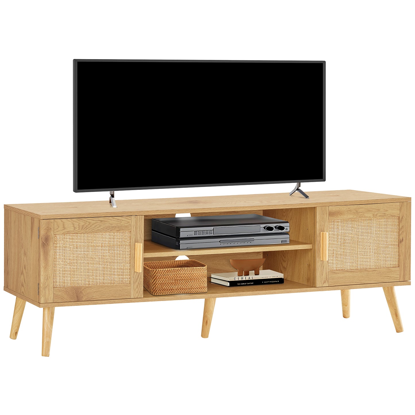 Quimoo Boho TV Stand for 65 inch TV, Entertainment Center with 2 Storage Cabinets and Open Shelf, Rattan TV Stand TV Console Table for Living Room,Natural