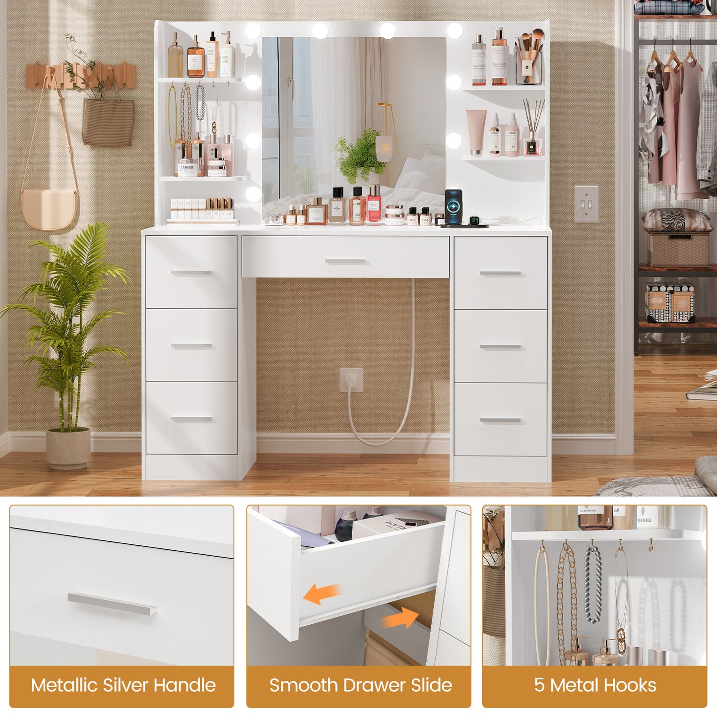 Quimoo Large Vanity Desk with LED Lighted Mirror & Power Outlet,Makeup Vanity Table with 7 Drawers,4 Shelves and 5 Hooks,Vanity Table, Vanity Desk Set for Bedroom,Bathroom,White