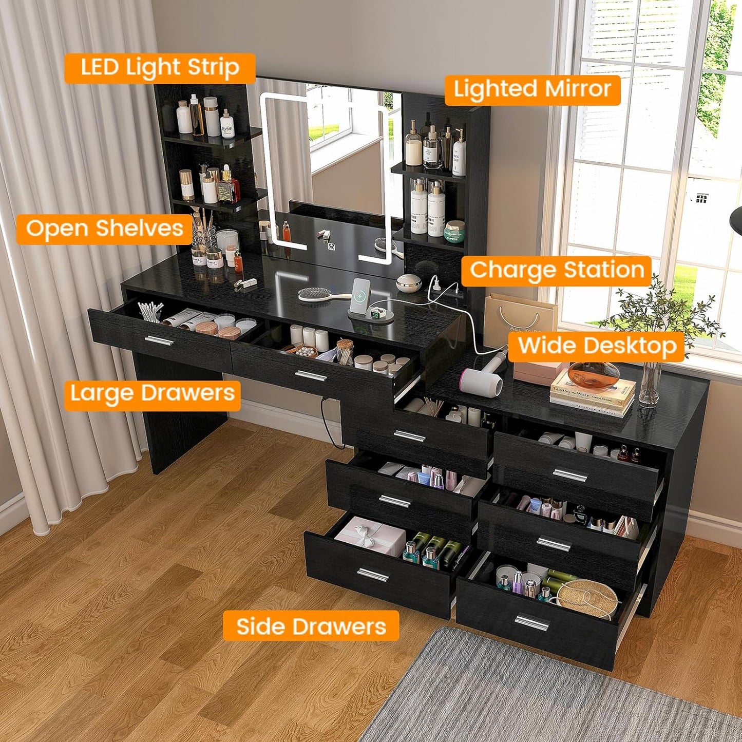 Quimoo 65.9" Vanity Desk with LED Lighted Mirror & Power Outlet, Modern Corner Makeup Vanity Table with 8 Drawers & Open Shelves, Dressing Table for Bedroom, Makeup Room