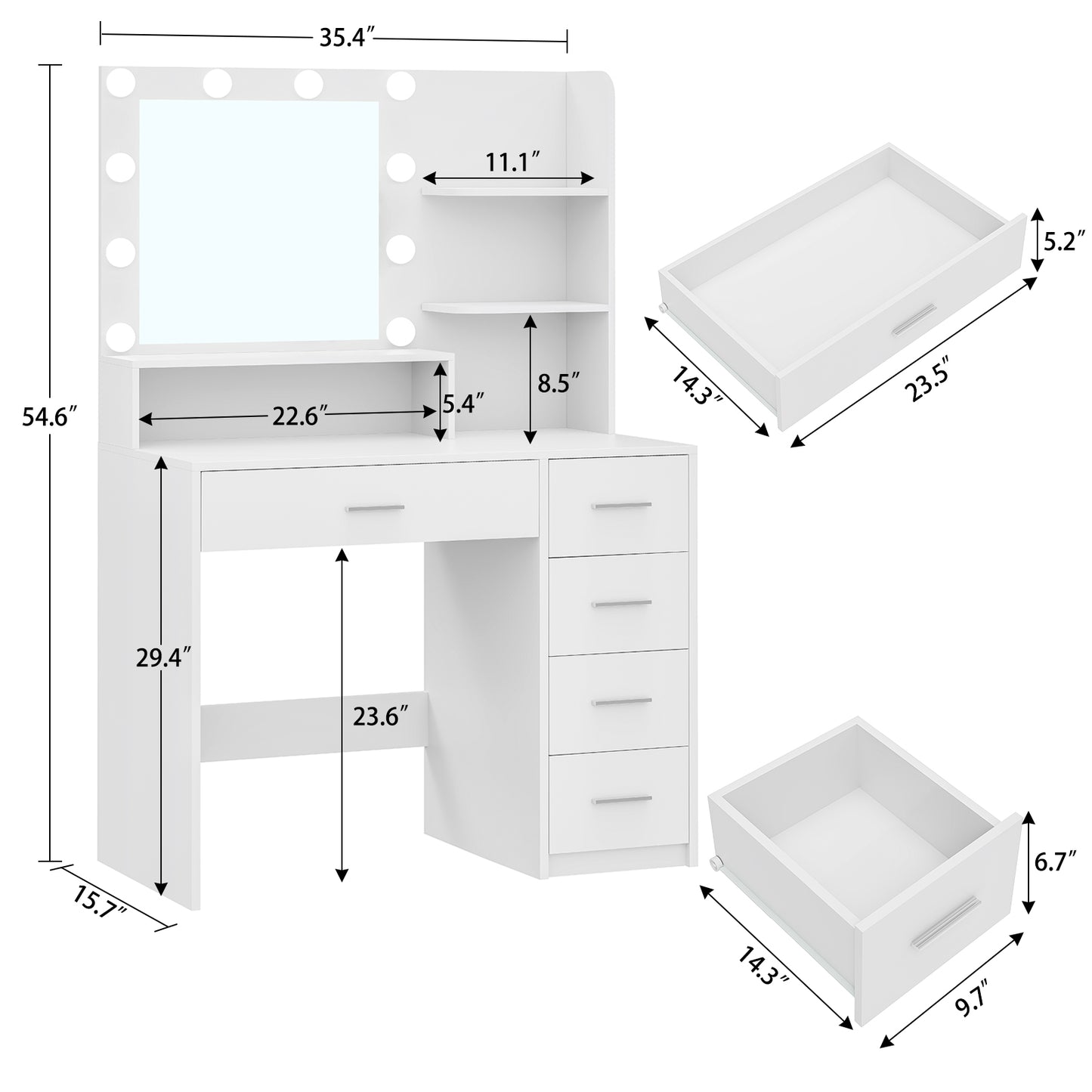 Quimoo Makeup Vanity Desk with Mirror & Lights, Vanity Desk with 5 Drawers & Storage Shelves, Vanity Table, 3 Color Modes & Adjustable Brightness Dressing Table, Bedroom, White