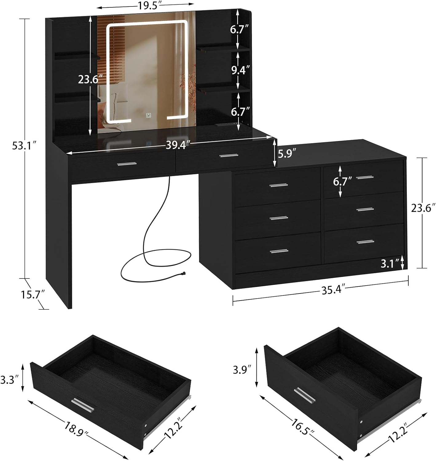 Quimoo 65.9" Vanity Desk with LED Lighted Mirror & Power Outlet, Modern Corner Makeup Vanity Table with 8 Drawers & Open Shelves, Dressing Table for Bedroom, Makeup Room