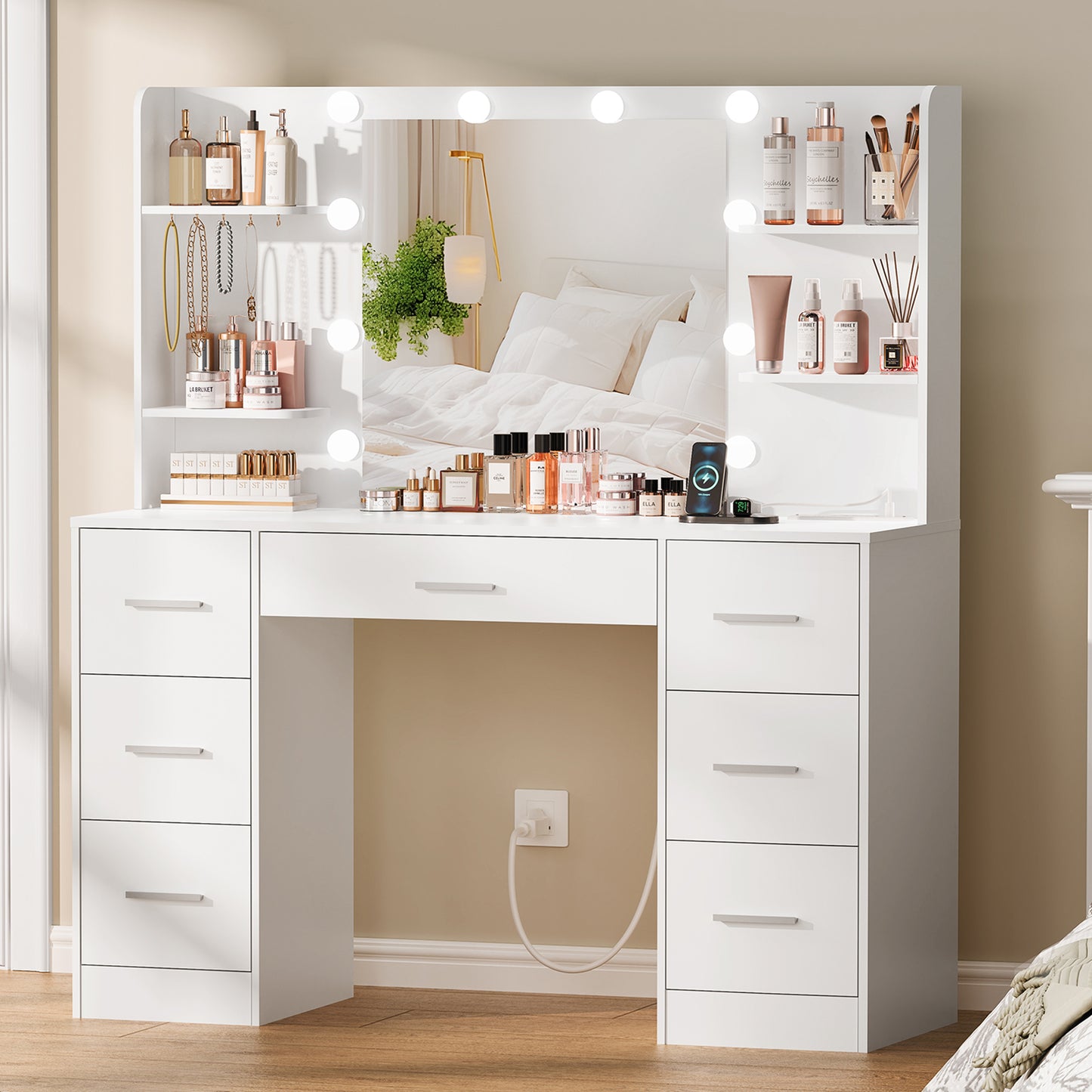 Quimoo Large Vanity Desk with LED Lighted Mirror & Power Outlet,Makeup Vanity Table with 7 Drawers,4 Shelves and 5 Hooks,Vanity Table, Vanity Desk Set for Bedroom,Bathroom,White