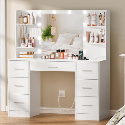 Quimoo Large Vanity Desk with LED Lighted Mirror & Power Outlet,Makeup Vanity Table with 7 Drawers,4 Shelves and 5 Hooks,Vanity Table, Vanity Desk Set for Bedroom,Bathroom,White