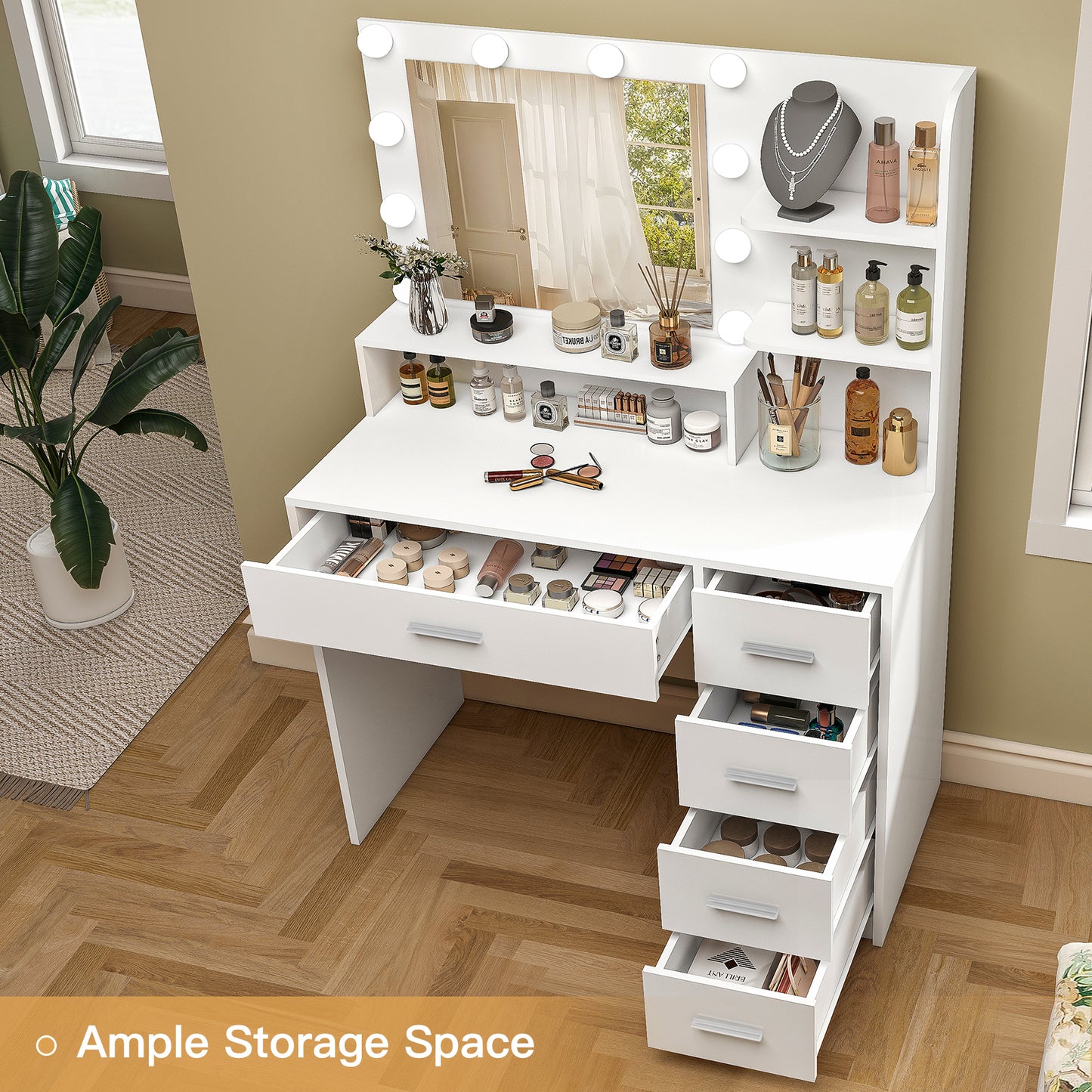 Quimoo Makeup Vanity Desk with Mirror & Lights, Vanity Desk with 5 Drawers & Storage Shelves, Vanity Table, 3 Color Modes & Adjustable Brightness Dressing Table, Bedroom, White