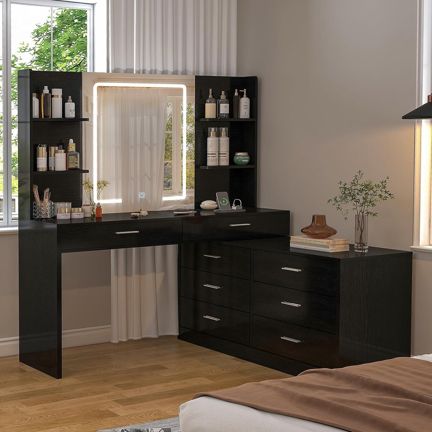 Quimoo 65.9" Vanity Desk with LED Lighted Mirror & Power Outlet, Modern Corner Makeup Vanity Table with 8 Drawers & Open Shelves, Dressing Table for Bedroom, Makeup Room