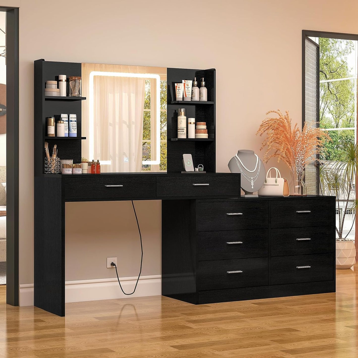 Quimoo 65.9" Vanity Desk with LED Lighted Mirror & Power Outlet, Modern Corner Makeup Vanity Table with 8 Drawers & Open Shelves, Dressing Table for Bedroom, Makeup Room