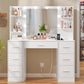 Quimoo Large Vanity Desk with LED Lighted Mirror & Power Outlet,Makeup Vanity Table with 7 Drawers,4 Shelves and 5 Hooks,Vanity Table, Vanity Desk Set for Bedroom,Bathroom,White