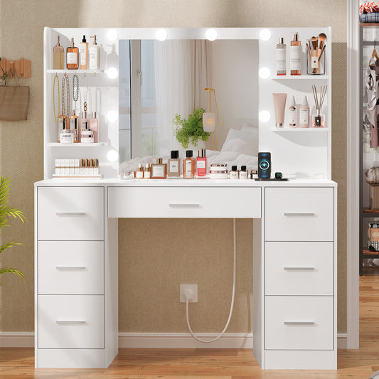 Quimoo Large Vanity Desk with LED Lighted Mirror & Power Outlet,Makeup Vanity Table with 7 Drawers,4 Shelves and 5 Hooks,Vanity Table, Vanity Desk Set for Bedroom,Bathroom,White