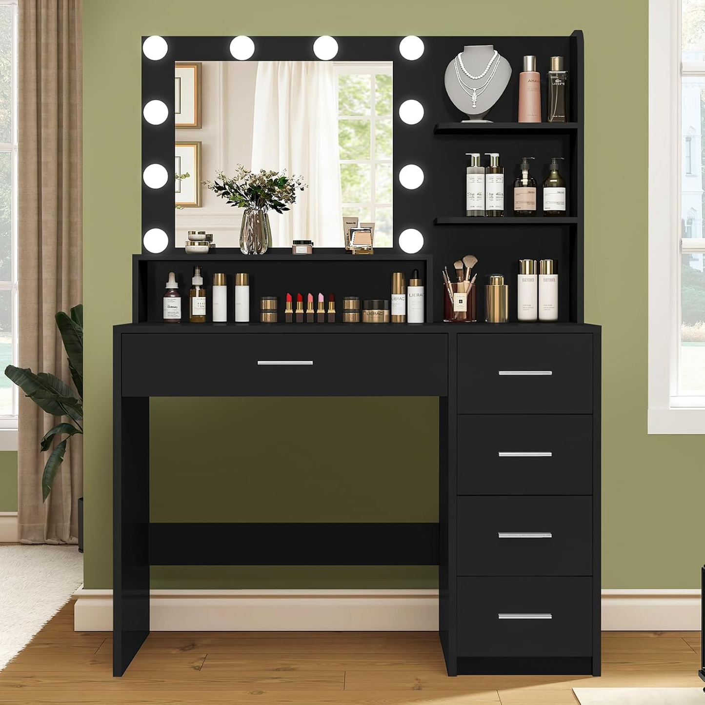 Quimoo Makeup Vanity Desk with Mirror & Lights, Vanity Desk with 5 Drawers & Storage Shelves, Vanity Table, 3 Color Modes & Adjustable Brightness Dressing Table, Bedroom, White