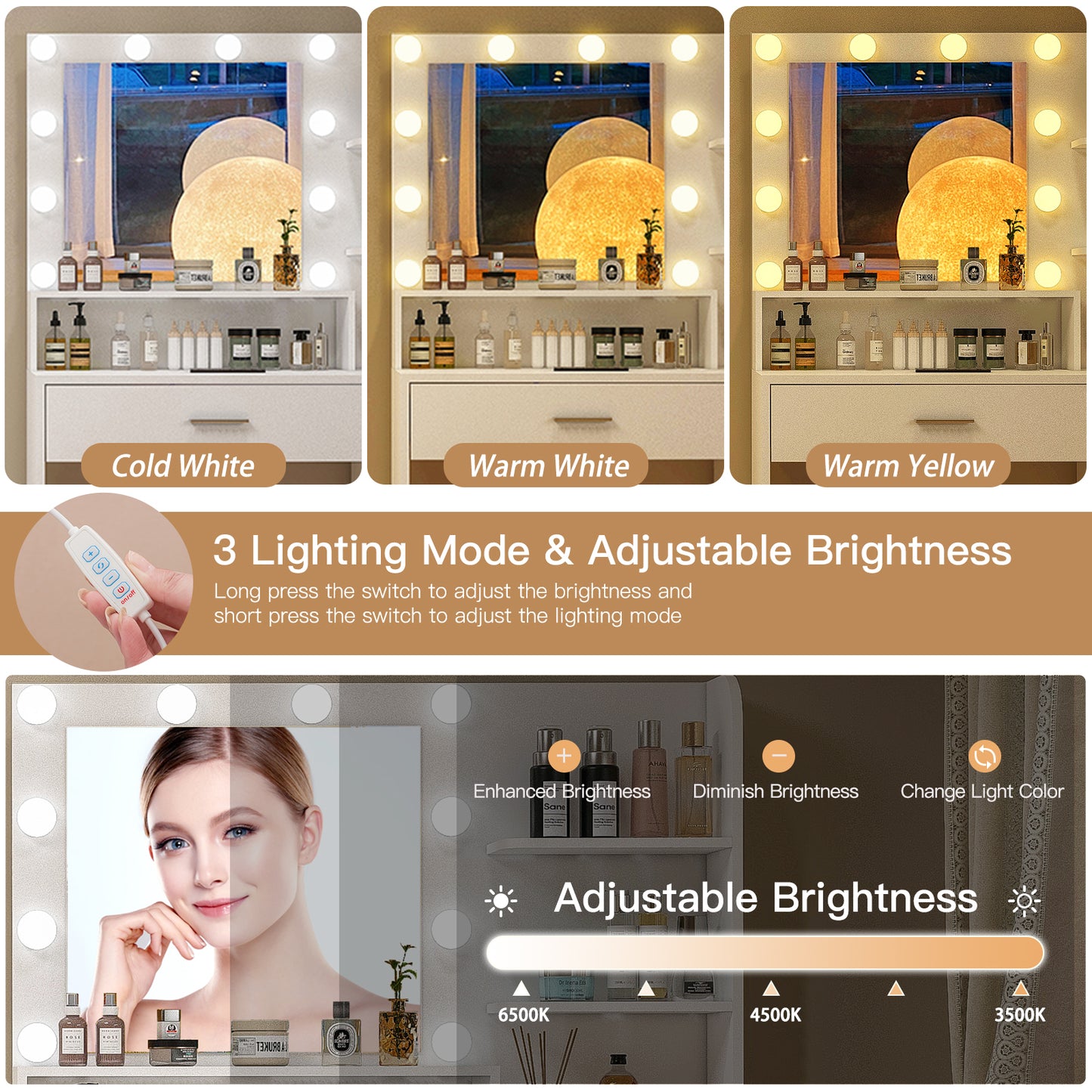 Quimoo Makeup Vanity Desk with Mirror & Lights, Vanity Desk with 5 Drawers & Storage Shelves, Vanity Table, 3 Color Modes & Adjustable Brightness Dressing Table, Bedroom, White