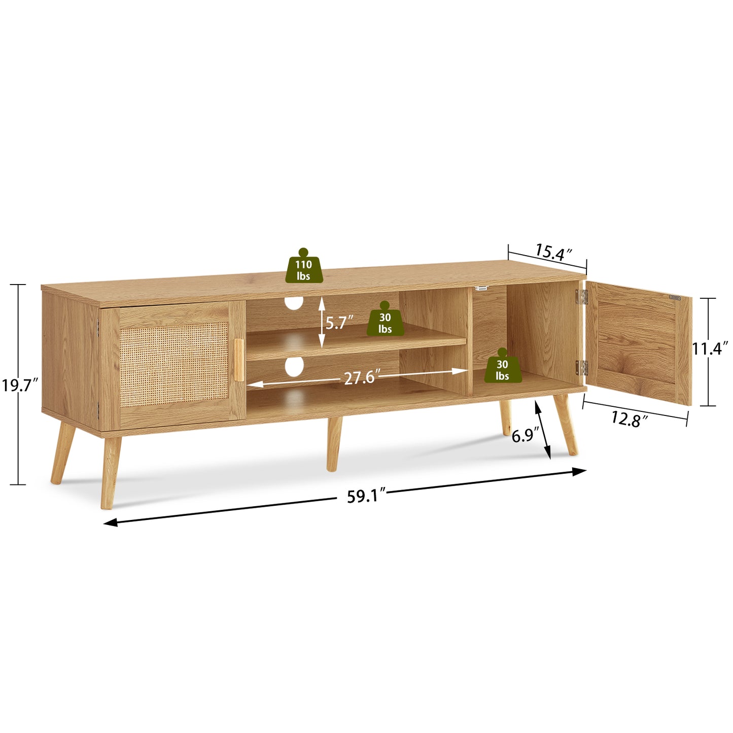 Quimoo Boho TV Stand for 65 inch TV, Entertainment Center with 2 Storage Cabinets and Open Shelf, Rattan TV Stand TV Console Table for Living Room,Natural