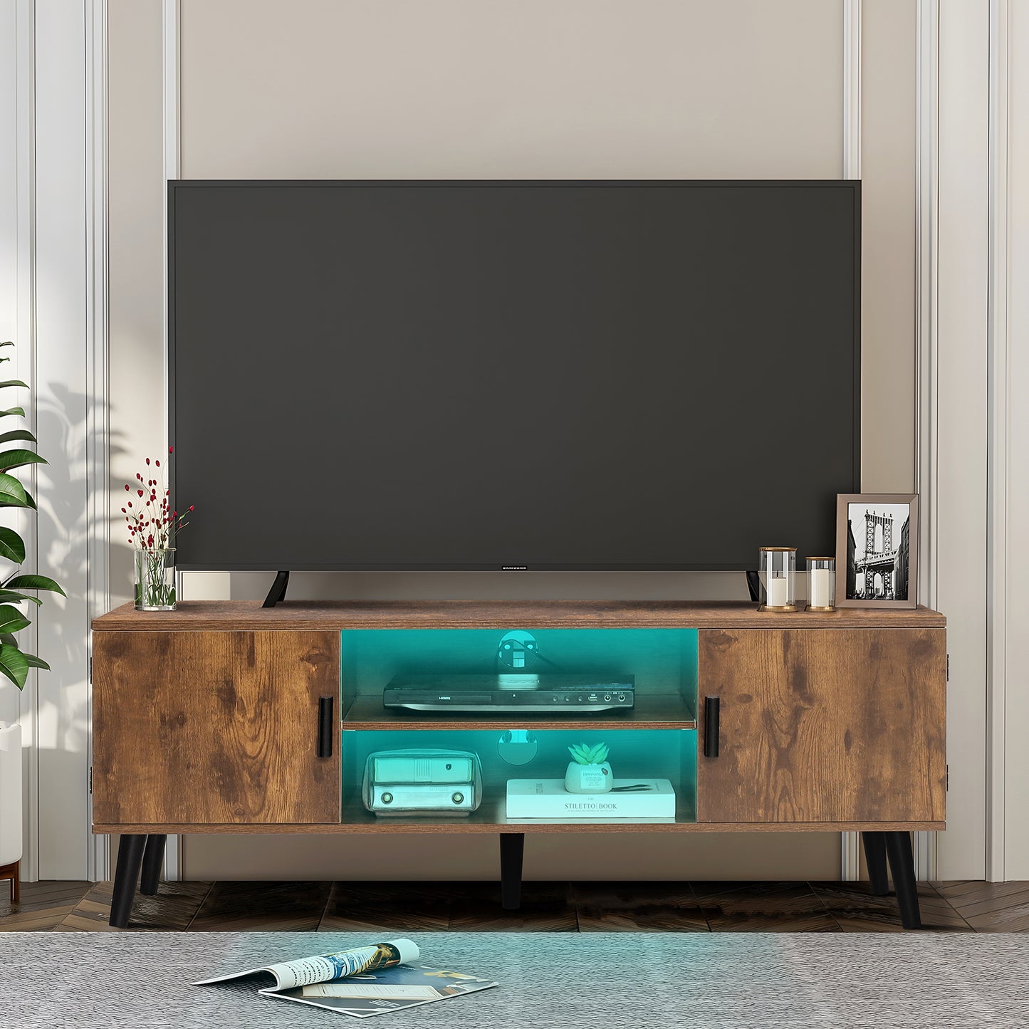 QUIMOO Mid Century Modern TV Stand for 55 inch TV, LED Entertainment Center with LED Lights & Power Outlet, TV Console with 2 Cabinets & Open Shelf, Media Console for Living Room, Rustic Brown