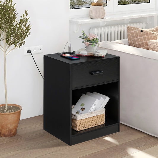 Quimoo Nightstand Set of 2 with Charging Station. Bedside Table with 1 Drawer, Modern Nightstand with 1 Open Storage Space for Bedroom, Black