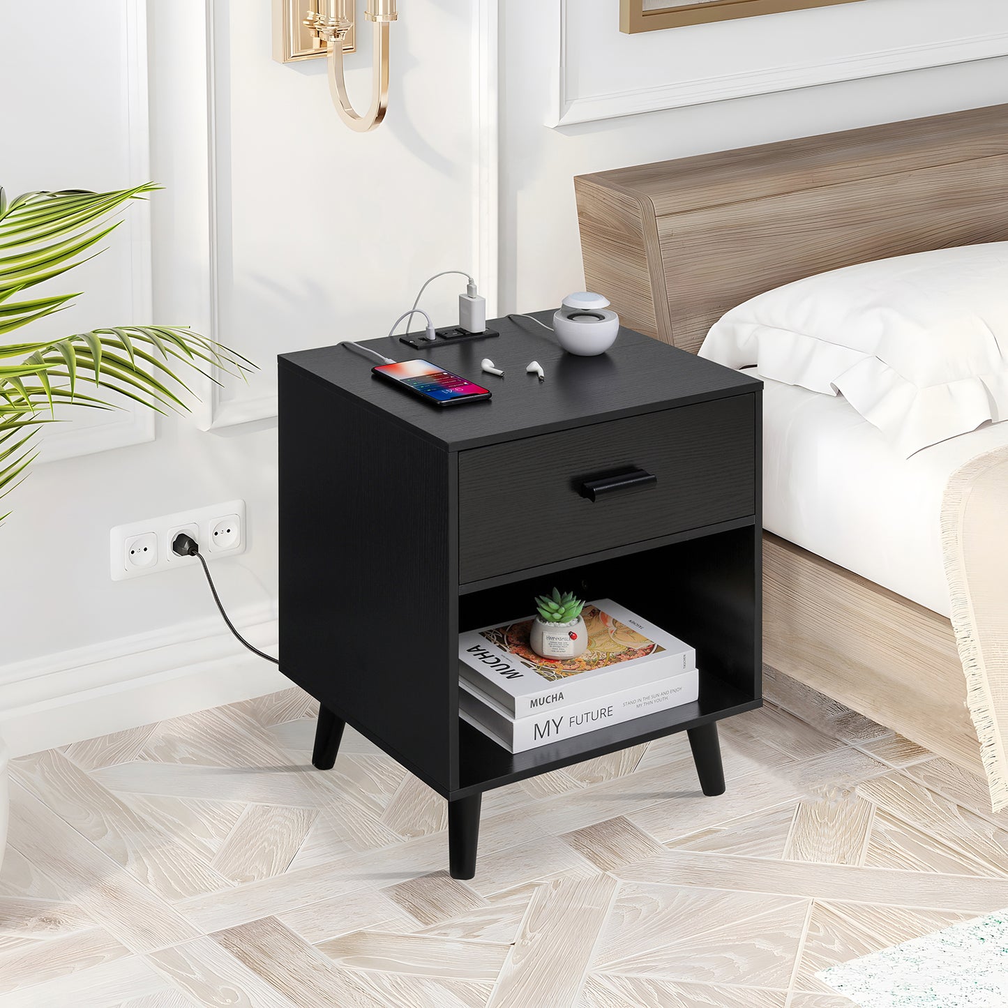 Quimoo Nightstand Set of 2 with Charging Station. Bedside Table with 1 Drawer and 1 Open Storage Space for Bedroom, Office, Black