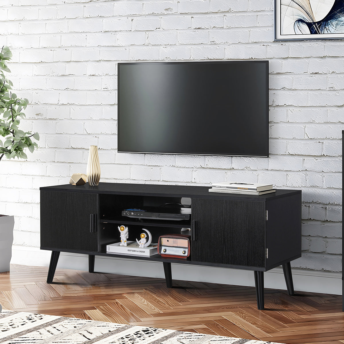 Quimoo TV Stand for 55 inch TV, Entertainment Center TV Console with Storage Cabinets & Open Shelf for Living Room, Bedroom, Black