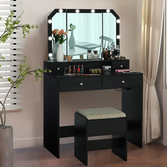 Quimoo Large Makeup Vanity with Lights Mirror and Charging Station, Vanity Desk with 10 LED Lights & 4 Drawers, Vanity Set, Vanity Table with Tri-Fold Mirror and Cushioned Stool, for Bedroom, Black